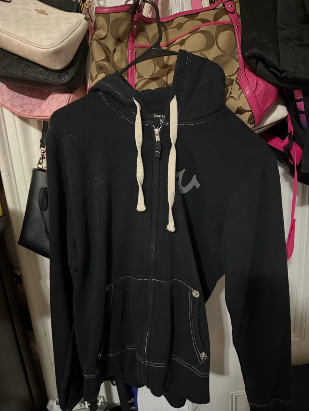 True Religion Black Full-Zip Hoodie with Cream Drawstrings